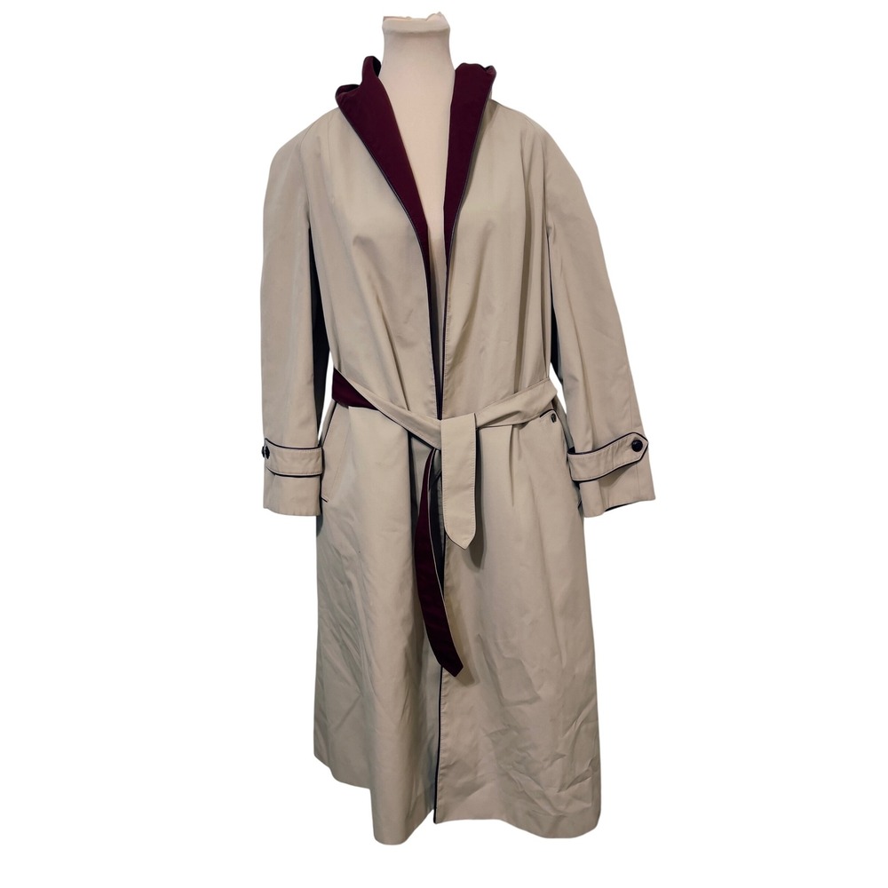 Etienne Aigner Women Reversible Hooded Trench Coat 10 Tan Burgundy‎ Minimalist